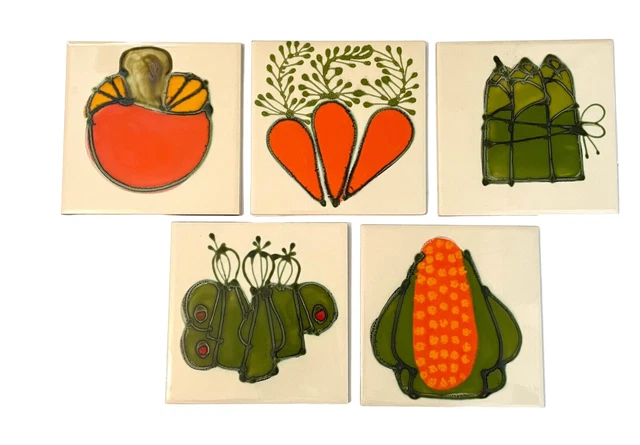 VTG H&R Johnson Ceramic Tile Hanging Vegetable 6”. England. Signed. Set/5