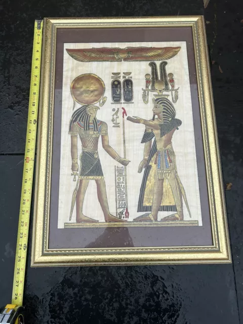 Hand Painted Egyptian Art Papyrus Paper Painting Framed 26’’ - 17’’