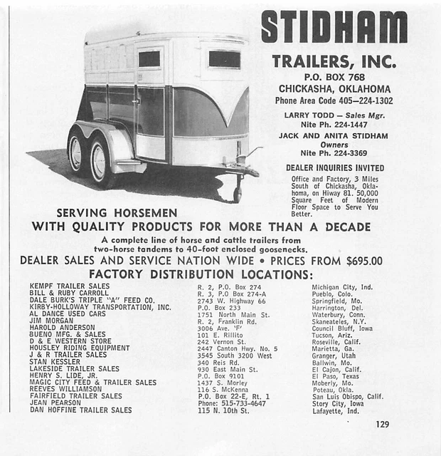 STIDHAM TRAILERS CHICKASHA Oklahoma Larry Todd Sales Vintage Magazine