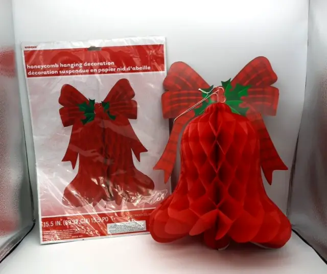 Unique Brand Red Christmas Bell Paper Honeycomb Hanging Decoration 15.5" Lotof 2