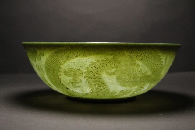 Chinese Exquisite Handmade Dragon carving Green Hetian Jade Thin Bowl 3