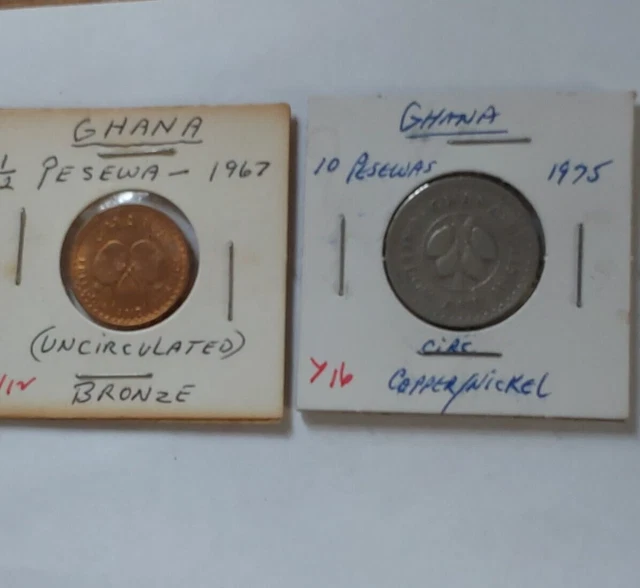 1967 Ghana 1/2 Pesewas Bronze Bu & 1975 Ten Pesewas Copper Nickel VF Coin