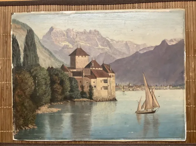 CHILLON CASTLE, LAKE GENEVA, SWITZERLAND ~ 1880s Oil Painting-Prepared Millboard