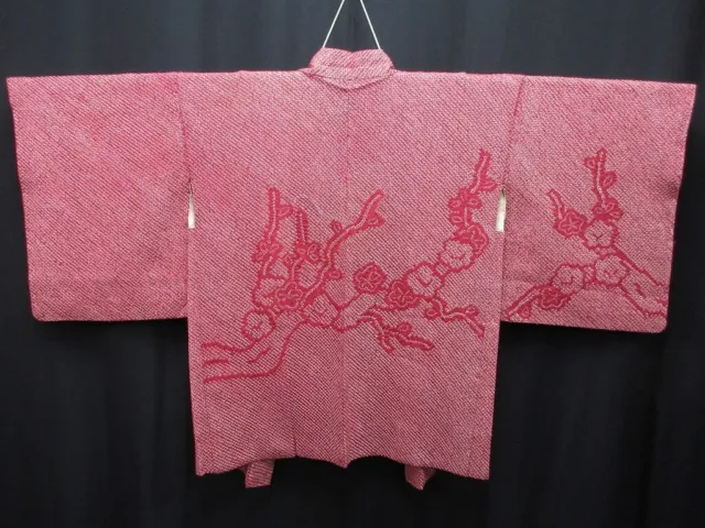 7596H4 Silk Vintage Japanese Kimono Haori Jacket Full Shibori Plum blossom