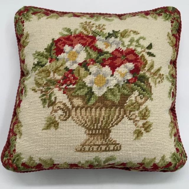 Vintage Needlepoint Pillow Floral Design Red Velvet Back Cord Border 12”x12”