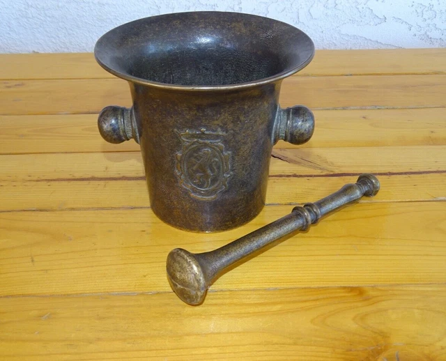 19th Century Bronze/Brass Mortar & Pestle with Embossed Lion Crest Chairish