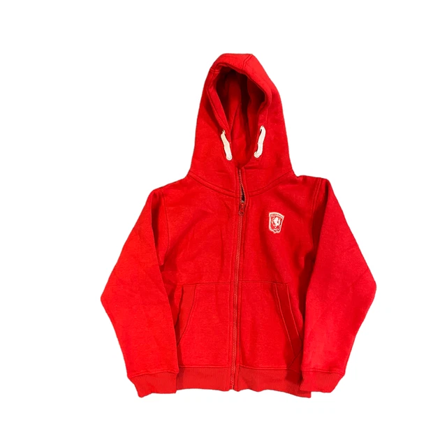 FC Twente felpa con cappuccio per bambini (taglia 5-6y) rosso calcio cerniera intera stemma - nuova