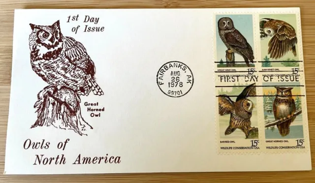 USA 15c First Day Issue AMERICAN OWLS Fairbanks Alaska 8-26-1978  #1760-63 FDC
