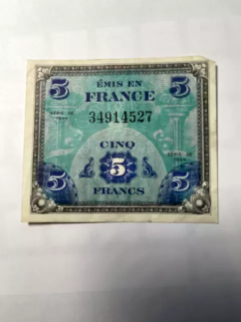 1944 5 Cinq Francs France Military Currency
