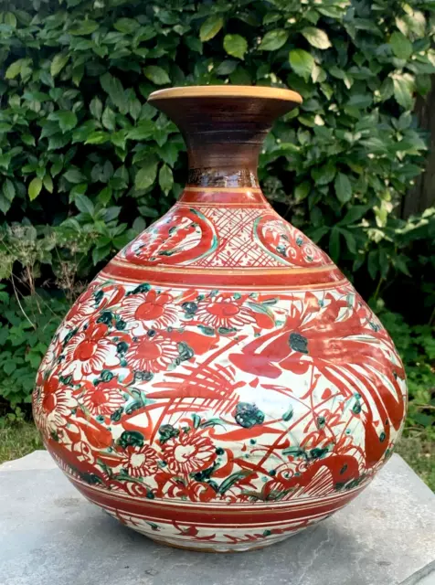 Large Wide Chinese Floral Vase Zhangzhou Swatow Ware Red White Green Drip Glaze 2