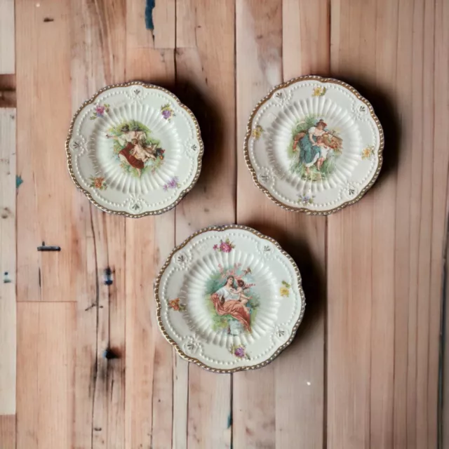 Antique Trio of Hand Painted, Fluted, Scalloped Edge Decorative Plates Exquisite 2