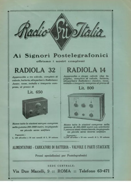Pubblicita' Originale D'epoca Anni 30/40-Radio Italia . Radiola 32 E 14 , Roma