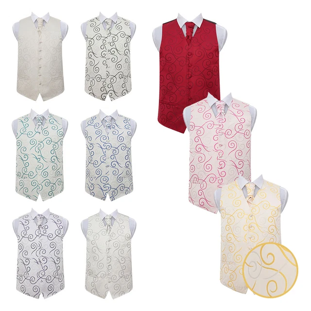 Mens Boys Woven Scroll Patterned Formal Wedding Waistcoat Cravat Cufflinks Set