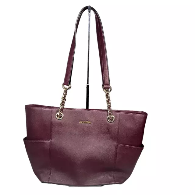 Calvin Klein Women's Hayden Saffiano Leather Top Zip Chain Tote Bag Purple