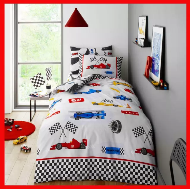 Kids Duvet set grey fast cars race track motor sport single quilt cover bedding