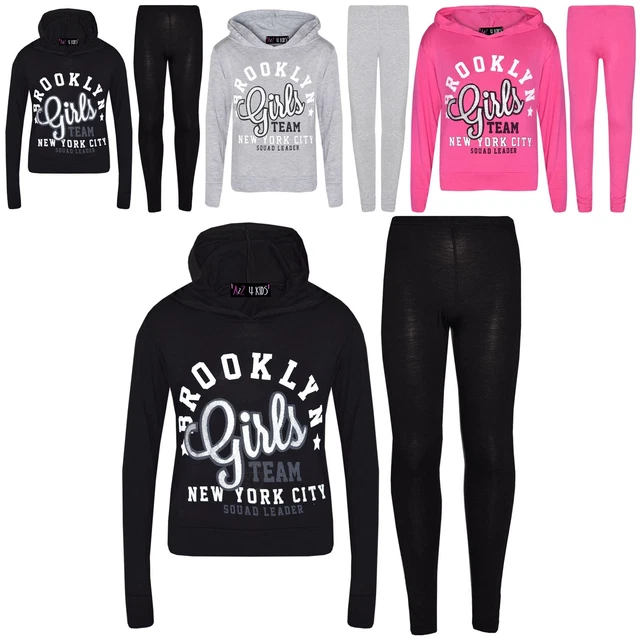 Girls Tops Kids Brooklyn Girls Team Print Hooded T Shirt Top Legging Set 7-13 Yr