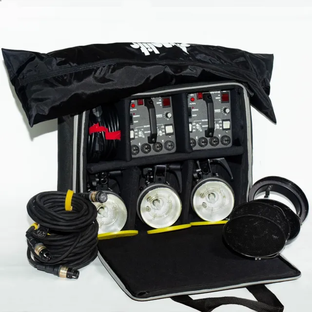 Dynalite MK5-2303 Kit, 1 Softbox, 3 Grids, 2 500W Power Packs, 3 MH2050 Roadmax