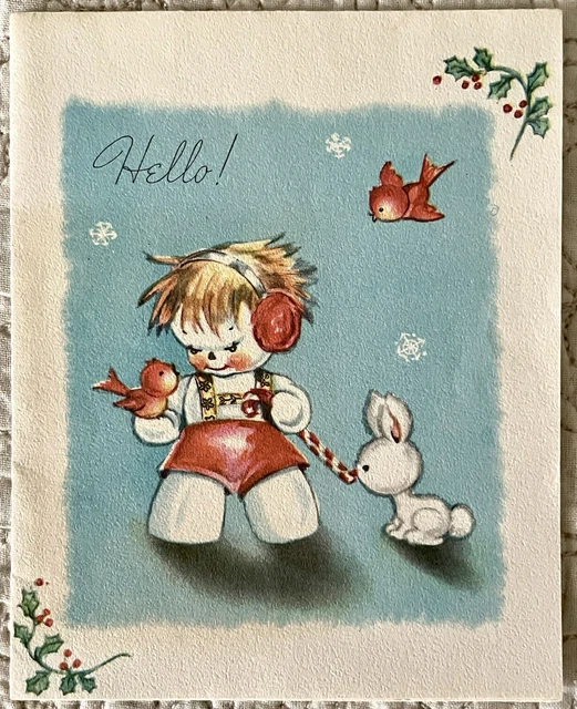 Unused Christmas Snowman Red Birds Rabbit Vintage Greeting Card 1940s 1950s