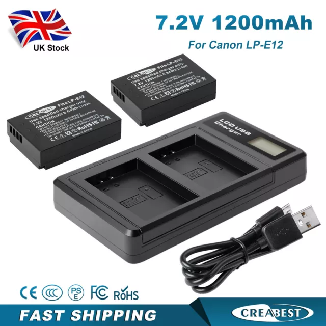 2x LP-E12 Battery +Charger For Canon EOS M10 M50 M100 M200 100D SX70 Rebel SL1