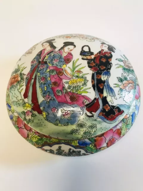 Chinese Vintage Cloisonné Large Round Lid Box Geisha Women Floral Hand Painted