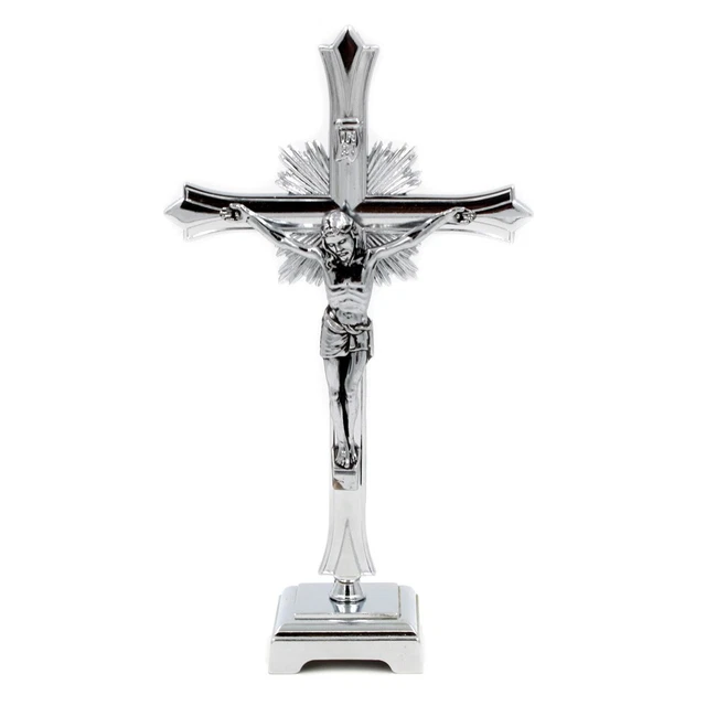 12" Metallic Altar Silver Crucifix With Stand