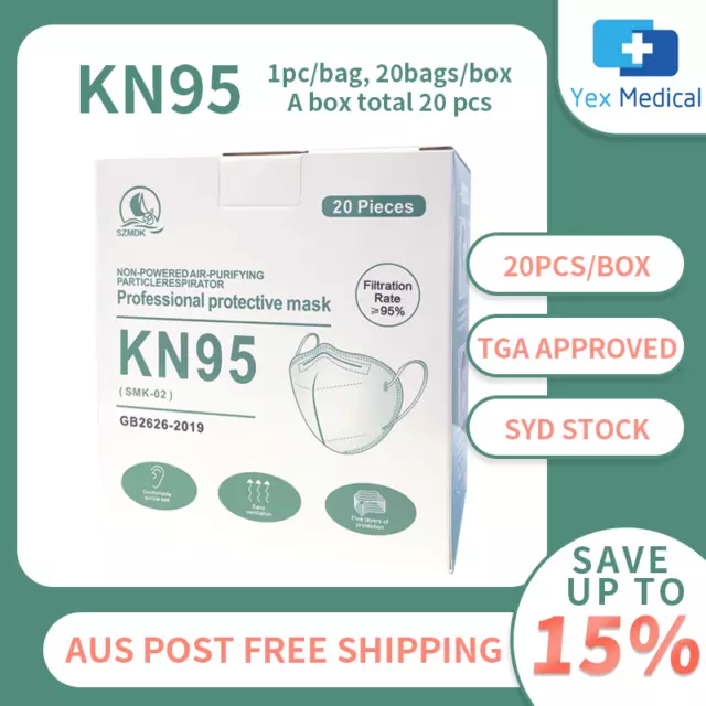 20PC Premium KN95 Face Mask Respirator 20pk TGA Approved