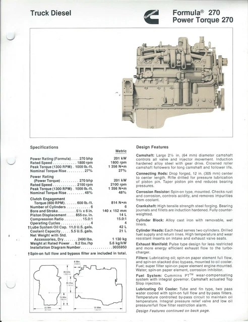 TRUCK ENGINE DATA Sheet - Cummins - Formula / Power Torque 270 - c1983 ...