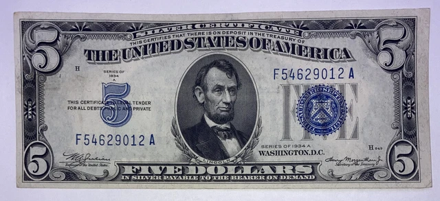 1934 ($5) Dollar Blue Silver Certificate  Payable In Silver To Bearer On Demand