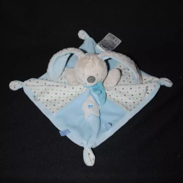MOTS D'ENFANTS doudou plat lapin bleu blanc étoiles écharpe TTBE