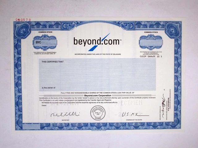 Beyond.com Corp., 1999. Specimen Stock Cert., XF-AU condition. ABNC
