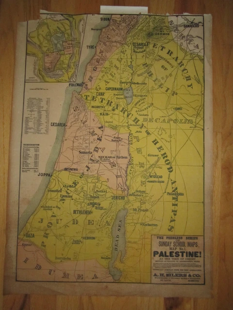 Vtg. Peerless Sunday School Map #1 "Palestine"-  24" X 17"- Heavy Linen Paper