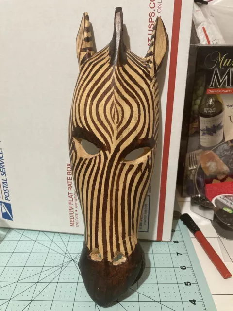 Vintage Zebra Mask HEAD Hand Carved Wood Painted African Tribal Wall Art