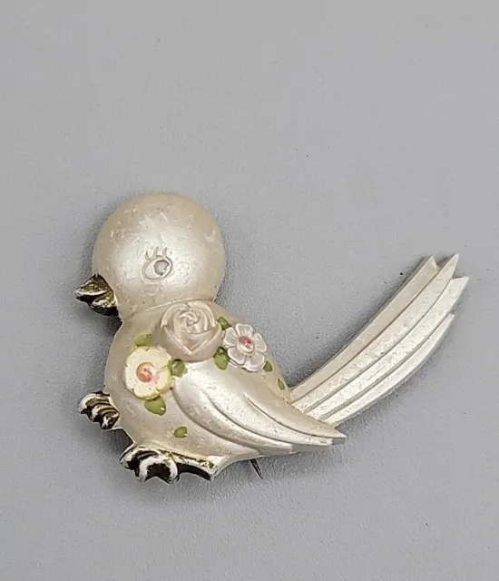 Early Antique 1900s Carved Celluloid Pearlish White Bird Brooch Flower Decor