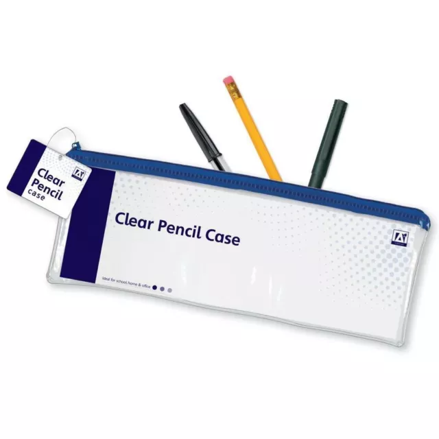 2 x Clear Exam Pencil Case Blue Zip 32cm x 15cm