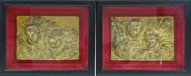 Pair Gilt Copper Relief Plaques Antique Italian 18th century Putti Georgian rare