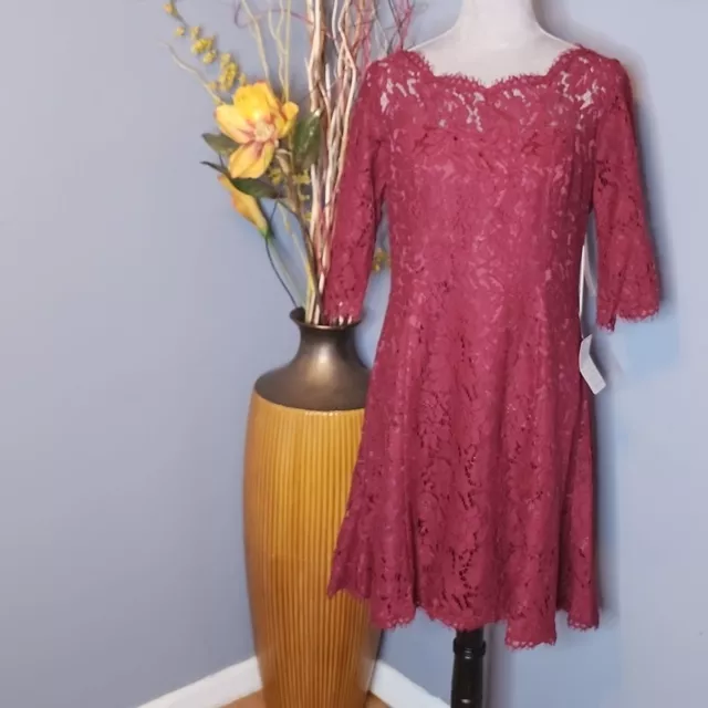 ELIZA J Burgundy Illusion Lace Overlay Tulip Sheath Dress Size 12 NWT