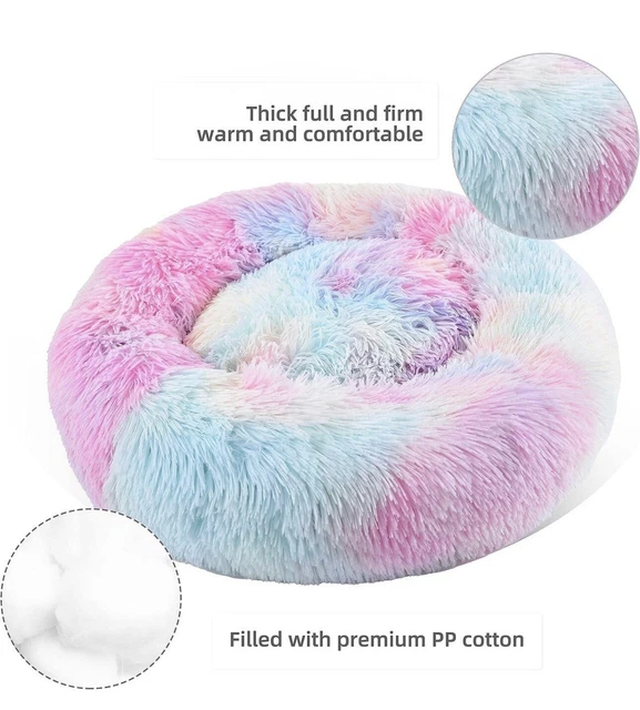 Dog Bed cat Warm Pet Calming NEW Beds Comfy Fluffy thick Donut Washable Rainbow
