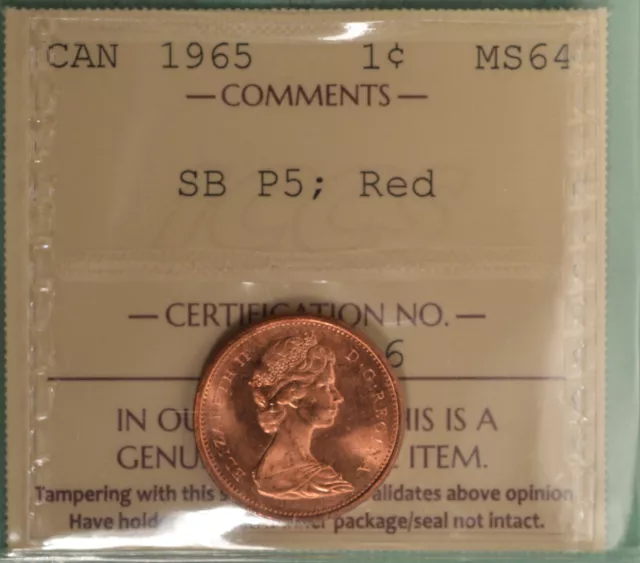 1965 Canada Penny - Pointed 5 / Small Beads -  Graded - ICCS MS64 RED