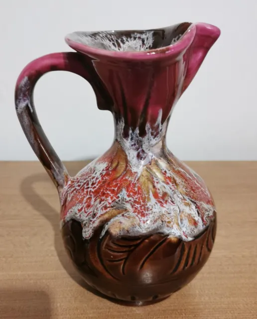 Vintage Vallauris French Pottery Jug Pitcher / Vase - Pink & Brown Drip Glaze 7" 3