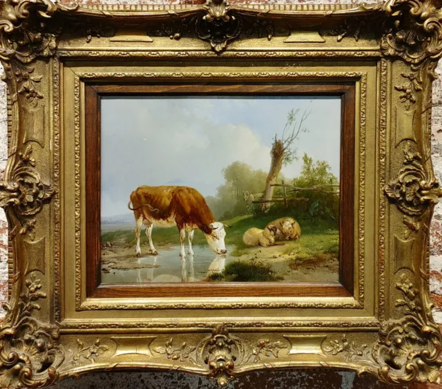 Eugène Verboeckhoven-Cow & Mouton Arrosage en Un Ferme Landscape-19th Siècle