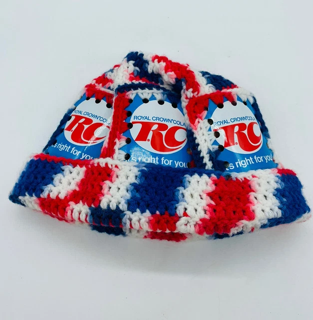 Vintage 1970's Soda Pop Cans Knit Crochet Red Hat  RC Cola Red White Blue