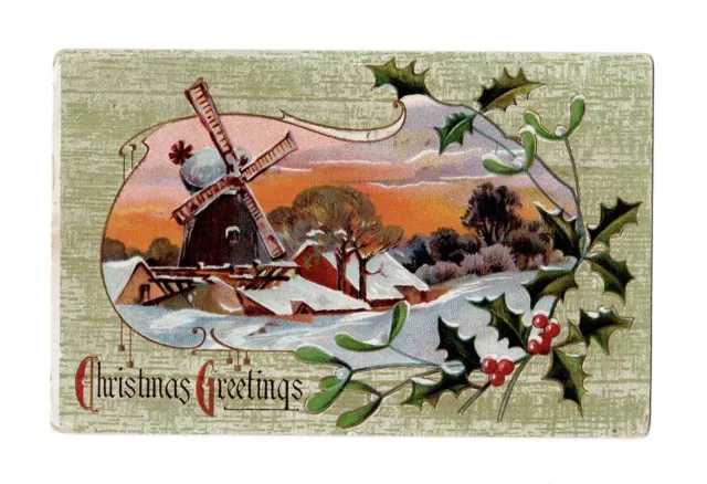 Christmas Greetings Windmill Barns Snowy Town Holly Berries Embossed Postcard