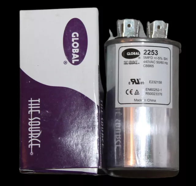 Global Motor Run Capacitor: Oval, 440/370V AC, 5 mfd 5x440 2253