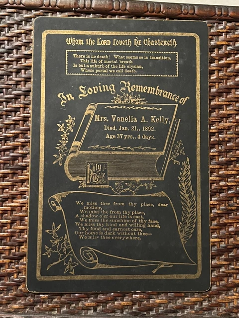 Antique Funeral Cabinet Card Funeral - 1892 Mrs. Vanelia A. Kelly