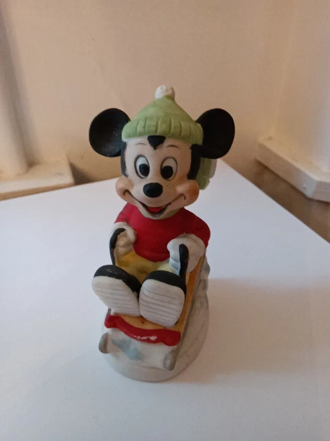 Vintage Walt Disney Mickey Mouse Winter Sledding 4" Figure Bisque Porcelain