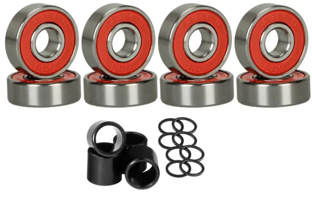 8 Skateboard Longboard Bearings PRECISION ABEC 9 RED SHIELD With Spacers Washers