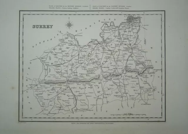 Antique map of Surrey by Samuel Lewis 1834