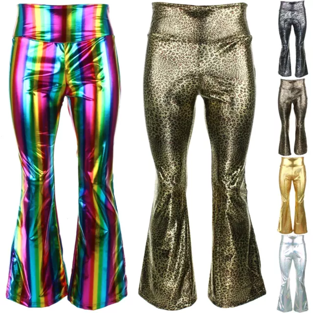 Womens Shiny Metallic Pants Dancing Party Elastic Waistband Flared Trousers  