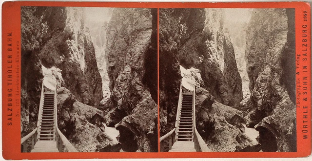 Orig. 1899 Stereoaufnahme LIECHTENSTEIN-KLAMM  v. WÜRTHLE Salzburg Tiroler Bahn