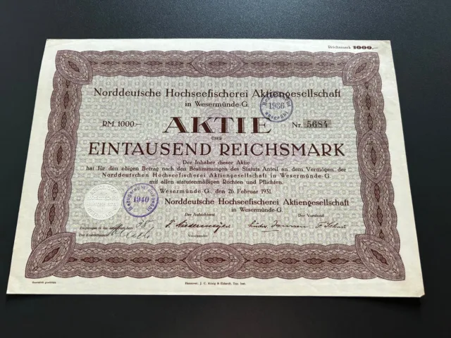 Aktie Norddeutsche Hochseefischerei Wesermünde 1000 RM 1931